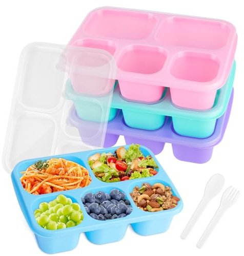 Confezione da 4 Scatole per Snack Bento, per Adulti E Bambini, Contenitori per Snack con 5 Scomparti, Contenitori Riutilizzabili per Alimenti con Coperchi Trasparenti, Adatti al Microonde