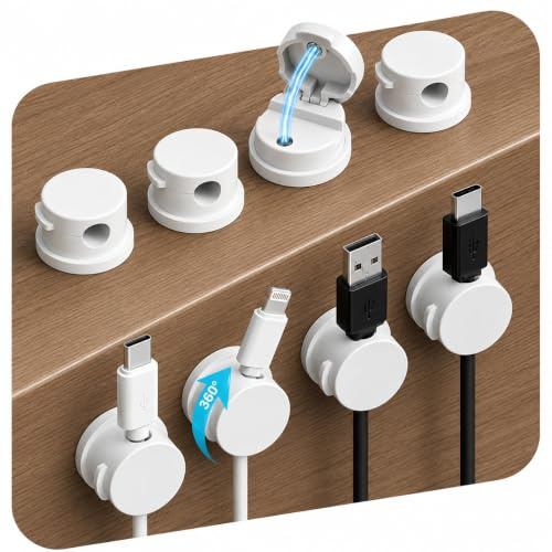 wimprove 360° Kabelhalter 8 Stück, magnetisch, selbstklebend, Weiß | Für Kabel ca. 2-8 mm; für Lade-, USB-C-, HDMI- & Audiokabel an Schreibtisch, Nachttisch, Auto & TV.