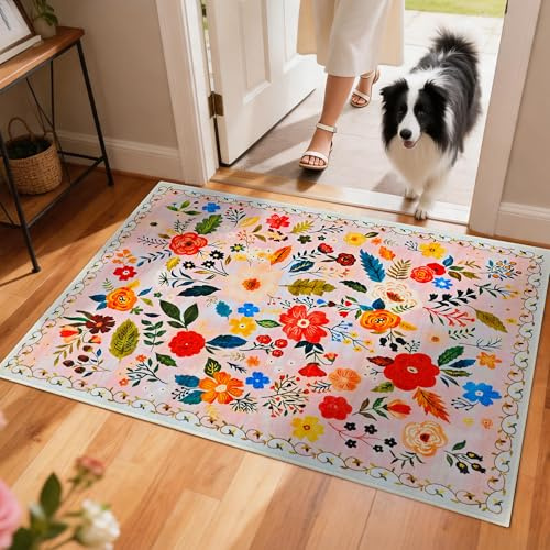 Ultratunn dörrmatta för inomhusbruk, 91 x 60 cm tvättbar dörrmatta för entrén, diskret smutsfångare, vattentäta entrémattor i bohemiskt blommönster (Rosa trädgård, 91 x 60 cm) | Smutsfångare med låg profil, färgglad boho-blommig vattentät entrémattor, välkomstmatta med halkskydd för inomhushus