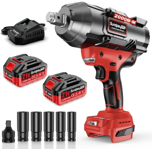 Avvitatore a Impulsi a Batteria 21V, Avvitatore ad Impulsi Brushless 3/4 Coppia con 2 Batterie 4.0Ah, Caricabatterie Rapido, Adattatore 3/4 a 1/2, 5 Bussole a Impatto (17/19/21/22/24mm), Rosso | Caricatore rapido, adattatore da 3/4 a 1/2, 5 inserti per chiavi a bussola, chiave a percussione per auto