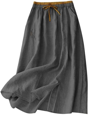 Générique Jupe en Coton Et Lin Femme Mi-Longue ÉTé Taille Haute Casual Légère et Respirante Rétro Couleur Unie A-Line Décontractée Ceinture Taille Élastique Bohême Jupes avec Poches