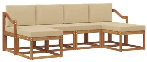 Foknhdi Juego de muebles de jardín de 6 piezas, conjunto de sofás de exterior de madera de acacia natural y beige con tapicería, conjunto modular de jardín para terraza, balcón y jardín