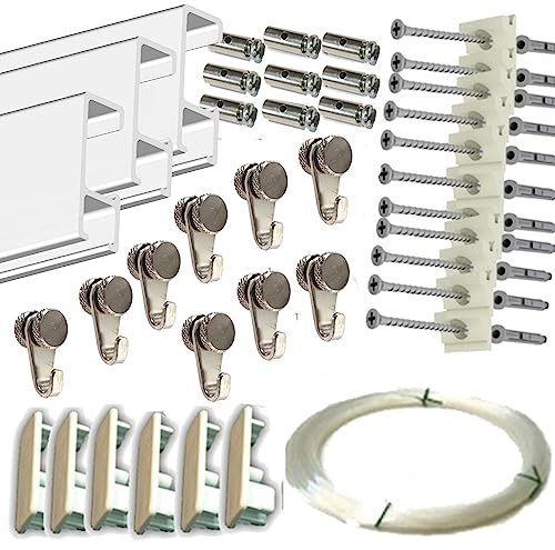 Colgar cuadros en pared con guía de aluminio Blanco o Plata | 9 m (7 guías) + 9 colgadores + 9 ganchos RM + 14 m de nylon | 26 tacos y anclajes (Aluminio Blanco)