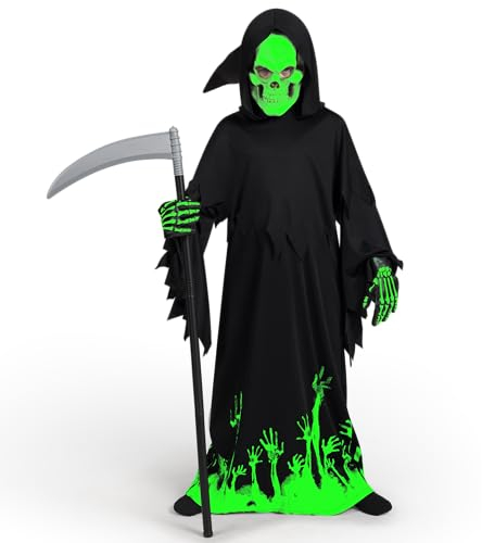 Spooktacular Creations - Sensenmann Kostüm Kinder, enthält Sensenmann Robe, Maske, Handschuhe und Sense, halloween kostüm sensenmann, Halloween Grim Reaper, Karneval, Mottoparty, M (8-10 Jahre).