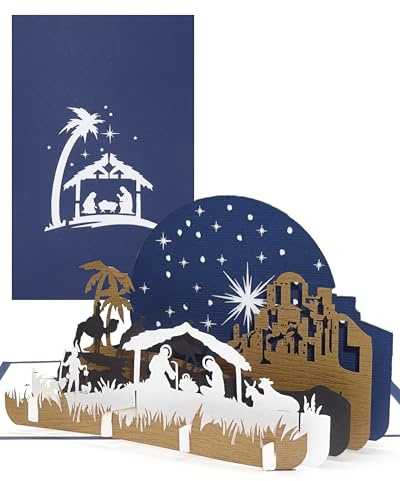3D Weihnachtskarte „Heilige Familie – Weihnachten“, Edle Pop-Up Karte zu Weihnachten mit Krippe in Blau & Weiß