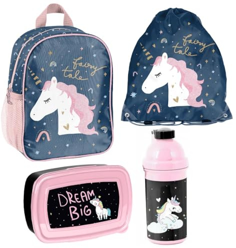 Familando Mädchen Rucksack Set 4tlg. mit Turnbeutel, Brotdose und Trinkflasche für den Kindergarten - Kinder Rucksack mit Motiv (Magic Unicorn - Einhorn)