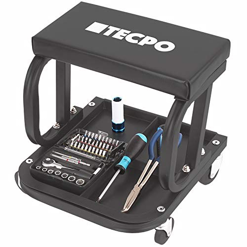 TECPO Werkstatthocker höhenverstellbar mit 360 Grad Rollen, Werkstatt Drehstuhl Rollhocker gepolstert Werkstattstuhl Arbeitshocker mit Ablage für Werkzeug 125kg max. Belastung