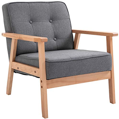 HOMCOM Poltrona Vintage Stile Scandinavo Morbida e Ammortizzata Trapuntatura a Bottoni con Piping sui Bordi del Cuscino Legno di Caucciù, Lino Grigio Max: 120 kg 64.5x70x74cm