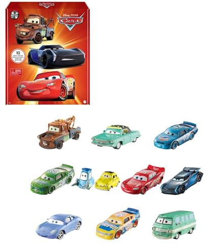 Mattel Disney and Pixar Cars Set of 10 Die-Cast Mini Racers Vehicles, Collectible Set of 1:55 Scale Toy Cars Inspired by Movies