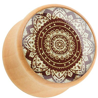 Taffstyle Ohr Plug Flesh Tunnel Piercing Ohrpiercing Holz Braun mit Orient Mandala Blume 10mm