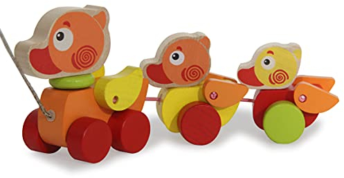 JAMARA Holzspielzeug Kidiwood Nachzieh Entenfamilie 3tlg. - ab 18 Monaten, Massivholz - Bergahorn und Buche, Farben auf Wasserbasis, fördert die motorische Fähigkeiten und Tastsinn, Ziehschnur