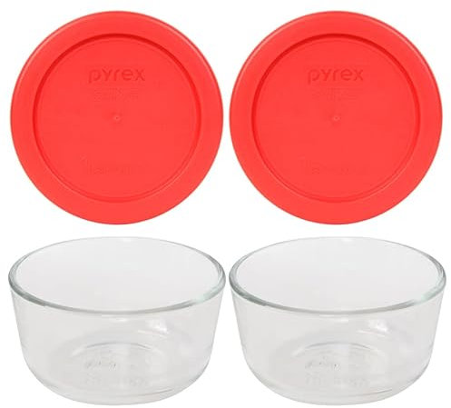 Pyrex (2) bols en verre 7202 1 tasse et (2) couvercles rouges 7202-PC 1 tasse fabriqués aux États-Unis