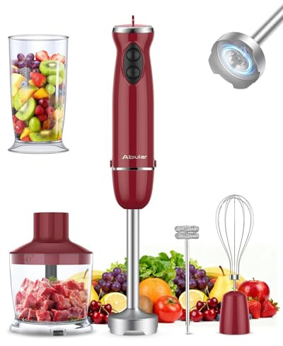 Immersion Blender 5 in 1 Hand Blender, Abuler 1000W Hand Mixer Stick,12 Speed Handheld Blender 304 Stainless Steel with 600ml Mixing Beaker, 500ml Chopper, Whisk and Milk Frother for Soup, Baby Food