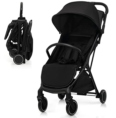 COSTWAY Baby Stroller, Protable Travel Buggy with Detachable Seat Cover, 5-Point Harness, Adjustable Canopy, Backrest and Footrest, One-Hand Fold Infant Pushchair for 0-3 Years (Black)