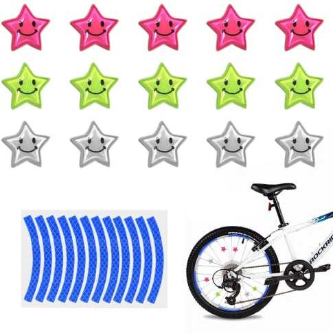 PFLYPF 15 clip colorate per raggi della bicicletta, stelle con riflettori, accessori di sicurezza per bicicletta, clip per la decorazione della bicicletta notturna, con 1 adesivo riflettente blu