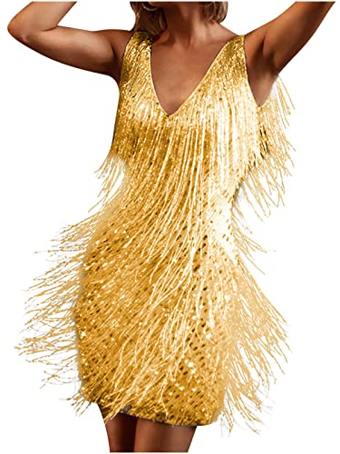 Womens 1920s Flapper Fringe Vintage Dance Dress - V Neck Sleeveless Sequin Cocktail Party Tassels Ballroom Tango Latin Dance Dress - Gold