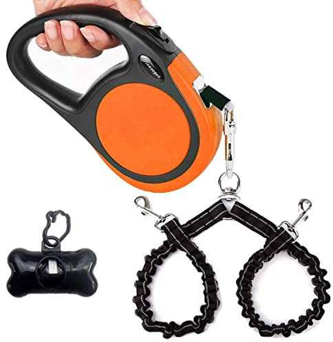 Doppelte, einziehbare Hundeleine für kleine Rassen (bis zu 50 kg) – Doppelköpfige 4,8 m ausziehbare Haustierleine mit Kotbeuteln, reflektierendes elastisches Seil – Steuerung mit einem Schlüssel, 360°