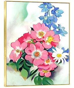 EVANEM Berühmte Georgia O'Keeffe Bilder. Rosa Rosen und Rittersporn moderne Leinwandbilder. Berühmte Ölgemälde-Reproduktion für Wohnkultur 70x98cm Goldener Rahmen