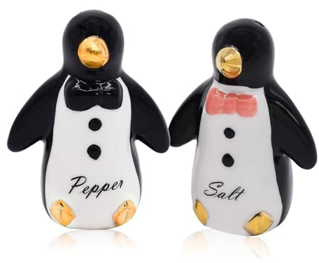 Ceramic Salt & Pepper Shaker Sets Tabletop Accessories Cute Penguin Design Family Gifts with Gift Box (Black & Gold)