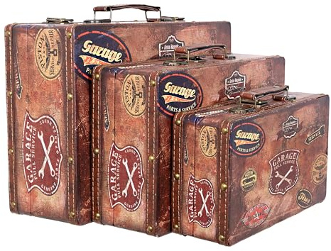 Birendy Truhe Kiste Reise, Auto Koffer, Kofferset, Mit Kunstleder Schatzkiste Piratenkiste, Holzbox (1712-Car Service-SET-M+L+XL)
