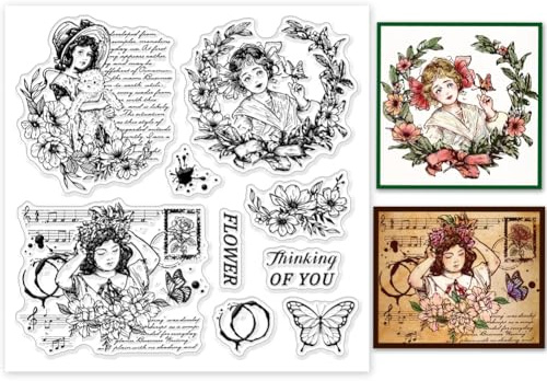 GLOBLELAND Transparente Stempel Mit Blumen Und Schmetterlingsfrauenmotiv Für DIY Scrapbooking, Kranz, Flecken, Text, Silikonstempel, Siegel, Transparente Stempel Für Karten, Fotoalbum, 5.91×5.91Zoll