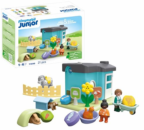 Playmobil 71690 Junior : Maison des Animaux - Comprenant Quatre Animaux de Compagnie - Jouet fabriqué à partir de matière d'origine végétale - Dès 12 Mois