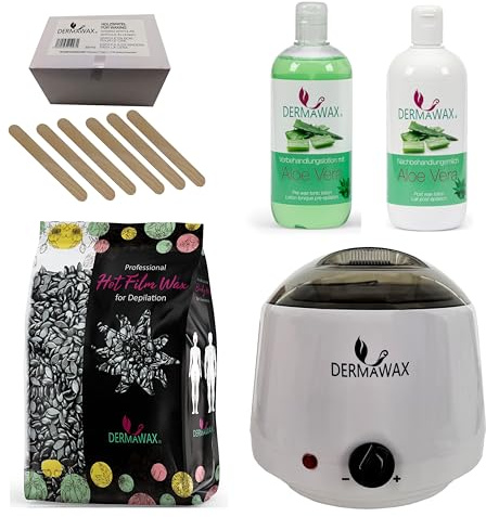 Dermawax Profi Waxing Set zur Haarentfernung 1000 ml Wachswärmer Made in Spanien 1 kg Black Wachsperlen 500 ml Aloe Vera Vorbehandlungslotion 500 ml Aloe Vera Nachbehandlungsmilch 200 Stück Holzspatel