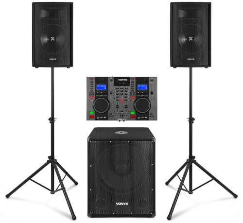 VONYX VX1015BT 2.1 Active DJ Speaker Package with CD Mixer Combo, Dual 10 Inch Speakers, 15 Inch DJ Subwoofer, Bluetooth & USB, Easy Setup for Mobile DJs