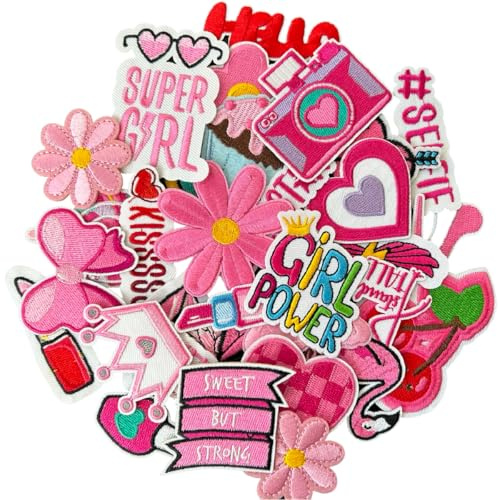 Harsgs Pink Style Iron on Patches, Embroidered Vintage Girl Patches, Cute Applique Patches for Clothing, Jackets, Hats, Backpacks, Jeans (32 Stück)
