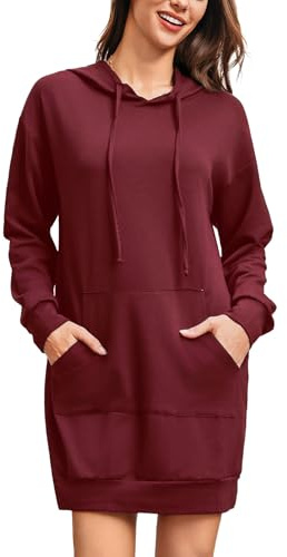 Terecey Sudadera Larga Mujer con Capucha Vestidos Sudaderas Deporte de Invierno Otoño con Bolsillo Sweatshirt Oversize de Punto Hoodie Talla Grande Rojo L