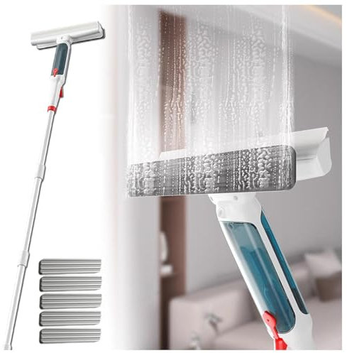 RYJYQYX Spruzzo 4 in 1 Lavavetri con Asta di Prolunga(190cm), Tiraacqua Vetri con Raccoglitore Acque Nere E 5 Panni Tergivetro Professionale per Bagni,Finestre,Specchi