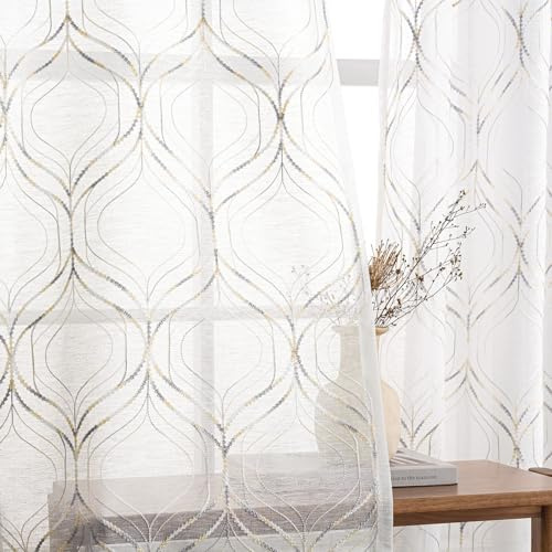 MIULEE Voile Vorhang Transparent Gardinen mit Ösen 2er Set H 140 x B 225 cm, Grau Weiss Rauten Muster Bestickt Gardine, Wohnzimmer Gardinenschals Dekoschal Lichtdurchlässig Vorhänge für Schlafzimmer