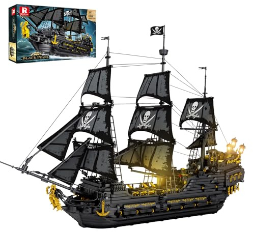 Reobrix Perla Nera Nave Pirata 66036, Grande Veliero Galeone in Mattoncini con Luci LED, Nave Fantasma Avventura, Modello Set da Collezione per Adulti 14+, Idea Regalo
