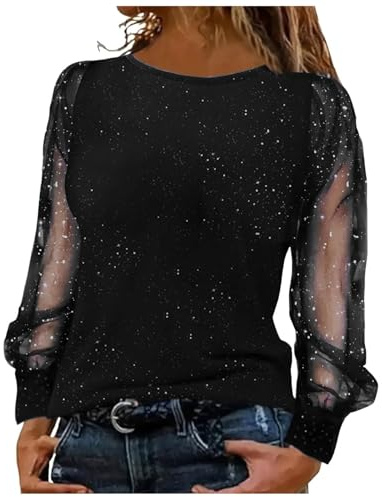 Haut Paillettes Femme Soirée Brillantes T-Shirt Sexy Manches Longues Fête Soirée Party Club Tops avec Paillettes Blouses Chemisiers de fête Chic et Élégant Vêtements Tunique Transparent Chemisiers