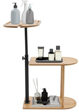 Bandeja de bambú de 3 capas: mesa giratoria de 360°, altura ajustable, base estable, ideal para baño, bañera, mesa auxiliar de sofá