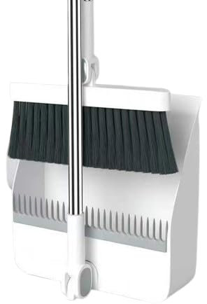 Escoba y Recogedor Plegable con Rotación 180º-Recogedor Plegable con Peine Incorporado para Desprender Pelusas-Escoba Plegable con Mango Largo-Incluye Plumero Microfibra Extensible Ideal para el Polvo