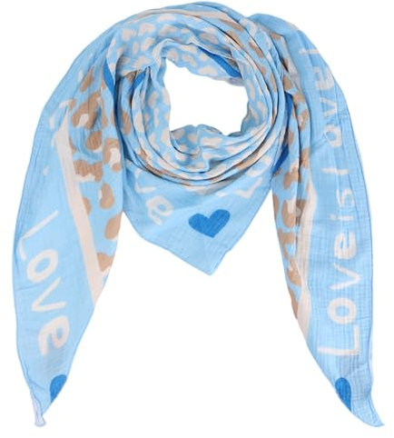 Damen Musselin Halstuch Made in Italy mit Leo Love Happy– Leichtes Dreieckstuch für Frühling & Sommer, Baumwolle, ca.195x85 cm (Love Hellblau)