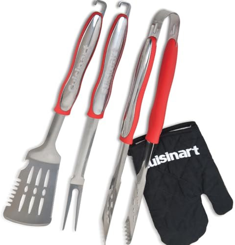 Cuisinart 3 Piece Grilling Tool Set with Grill Glove BBQ Set| BBQ utensils, Stainless Steel grill set | Extra long handled Spatula, Fork and tongs | Heat resistant glove
