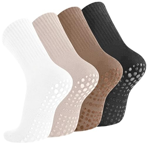 KEYRI 4 st halkfria yogastrumpor för kvinnor och män, yoga, halkfri, träningsstrumpa, en storlek, anti-halk halkfria strumpor, Brun, One size