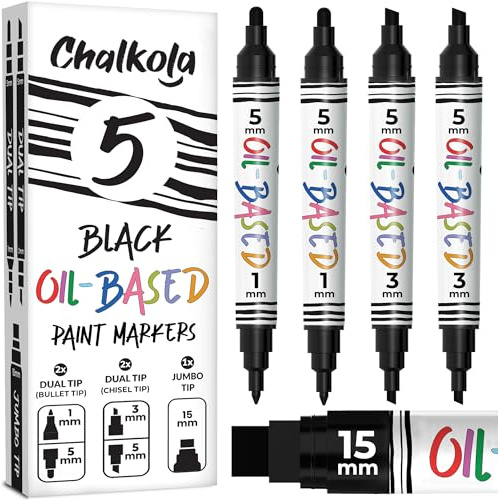 Chalkola 5 Oil Black Paint Pen (4 Dual Tip, 15mm Jumbo) - Oil Based Paint Markers for Metal, Fabric, Glass, Rocks, Automotive Tire, Furniture Touch Up Wood & Plastic Surfaces - Waterproof & Permanent