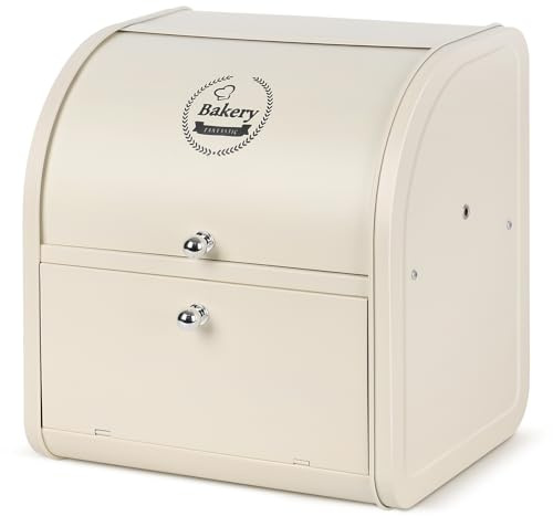 Nymblis Bread Bin, Bread Bins for Kitchen, Double Bread Box with Roll Top Lid, Metal Bread Storage Containers Bins Creamy White (30 x 25 x 33 cm)