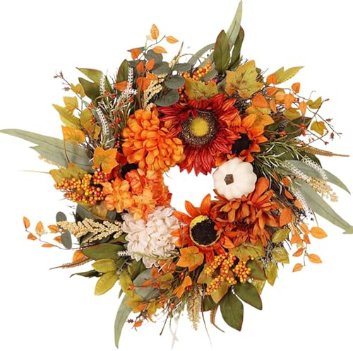 Couronne d'automne Artificielle, Couronne d'eucalyptus d'automne avec tournesols, Feuilles d'érable, Branches de vin sèches pour Porte d'entrée, intérieur et extérieur, Maison, Thanksgiving, 50 cm