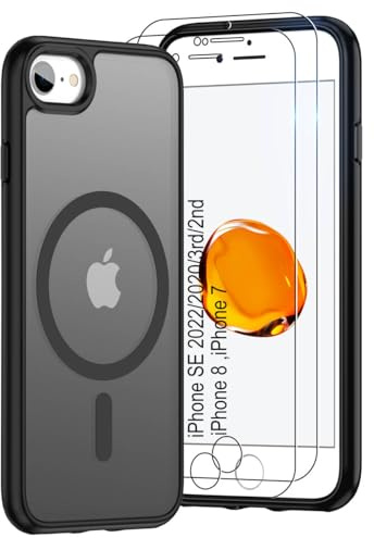 Pilaru Magnetic Case for iPhone 7/8 & SE 2022/2020(3rd/2nd)[Compatible with MagSafe] 2 Screen Protector | Anti- Fingerprint, Shockproof, Skin-friendly Slim Fit Translucent for iPhone SE-Matte Black