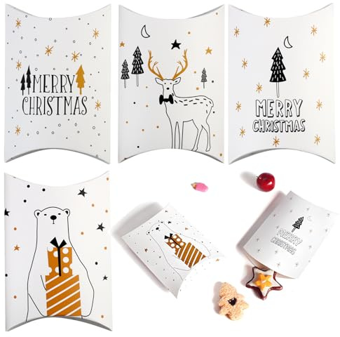 20 Stück Weihnachten Geschenkboxen für Kekse und Pralinen – Kleine, faltbare Karton-Geschenkschachteln mit Weihnachtsmotiven (Bär, Elch, Baum, Mond) und 60 Aufklebern für festliche Dekoration