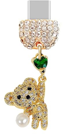 ELISE & FONDA TP956 Type-C Charging Port Crystal Anti Dust Plug Little 3D Crystal Teddy Bear with Love Heart Cell Phone Charm for iPhone 15/16/Samsung/OnePlus/Xiaomi/oppo Android Phones (Gold)