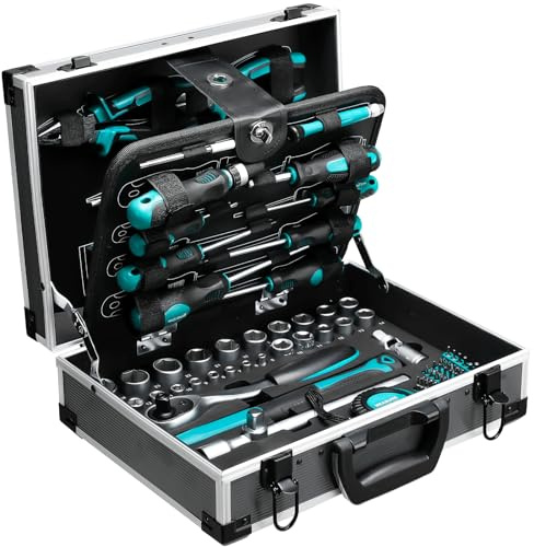 TLGREEN Maletín de herramientas de aluminio lleno de 122 piezas, caja de herramientas, caja de herramientas equipada con llave de tubo, destornillador, etc. para manualidades, bricolaje, hogar, taller