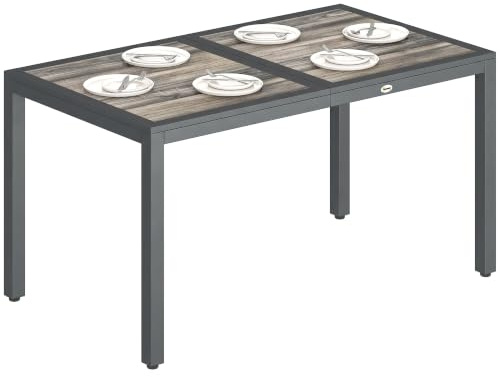Outsunny Rechteckiger Gartentisch für 4 bis 6 Personen, Esstisch für den Außenbereich mit Tischplatte in Holzoptik und Stahlbeinen, für Balkon, Veranda, Terrasse, 140 x 80 x 72 cm, dunkelgrau