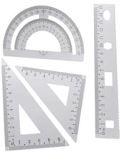 DIYEAH Set Geometria Metallo 4 Pezzi Righello, Squadra e Goniometro in Lega di Alluminio Resistente e Portatile per Uso Scolastico e Ufficio, Colore Argento