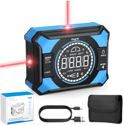 eSynic Digitaler 3-in-1 Winkelmesser, Neigungsmesser & Gefällsmesser, Laser Wasserwaage mit Magnet LED Display Wiederaufladbar Type-C, IP54 Spritzwassergeschützt, Präzise 0-180° für Holzarbeit Bau DIY