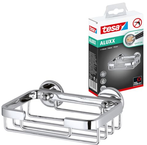 tesa ALUXX Seifenkorb, Aluminium, verchromt, garantiert rostfrei, inkl. Klebelösung, 95 mm x 135 mm x 47 mm